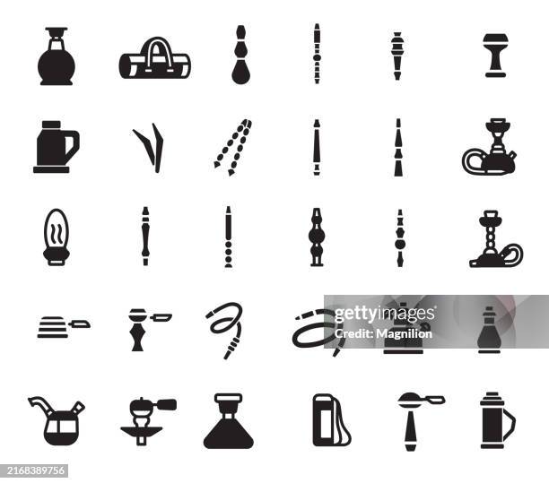 hookah and shisha accessories icon set in solid black design, vector illustration - silicone stock illustrations