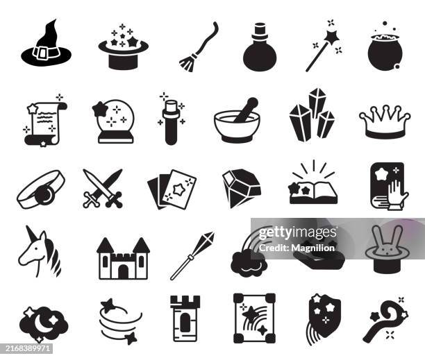 magic and fantasy icons in solid black, enchanted items and mythical creatures vector illustration - ring trick stock illustrations