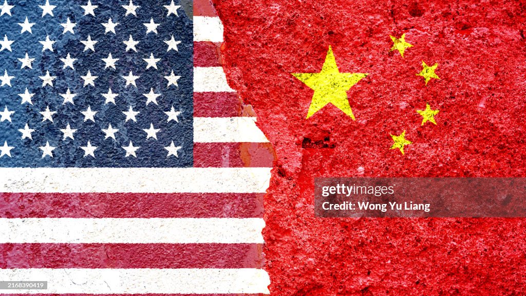American and China Flag over cracked wall , relationship concept