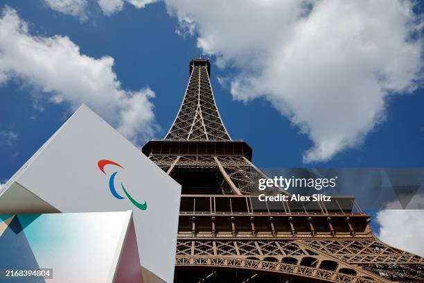 General signage sits at the Eiffel Tower ahead of the Paris 2024 Paralympics on August 25, 2024 in Paris, France.