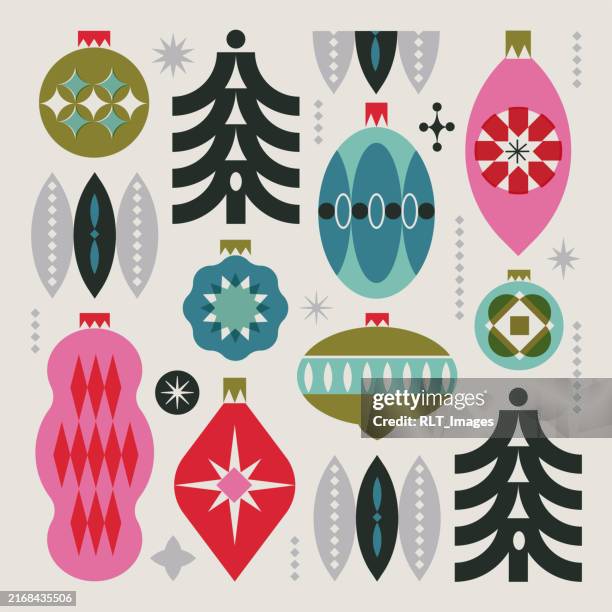 bildbanksillustrationer, clip art samt tecknat material och ikoner med retro mid-century modern christmas holiday ornament pattern - julgransdekoration