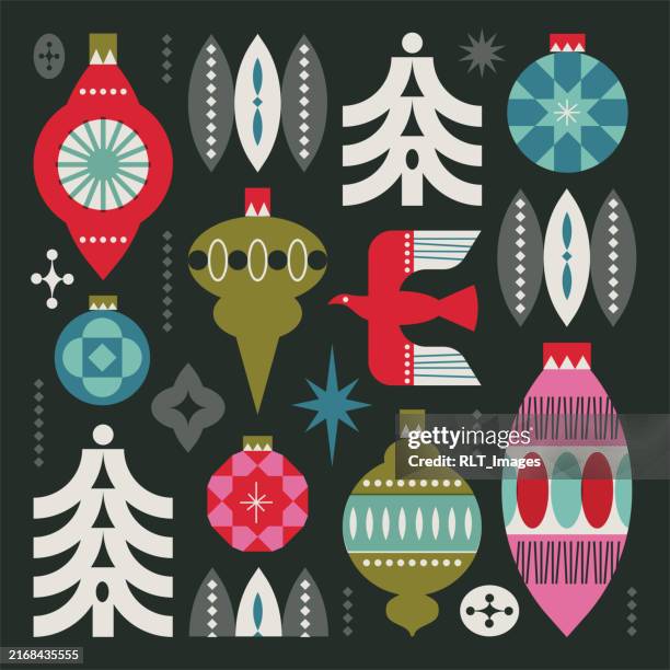retro mid-century modern christmas holiday ornament pattern - scandinavian culture christmas stock illustrations