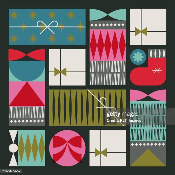 retro mid-century modern holiday gift pattern - flat red bow stock illustrations