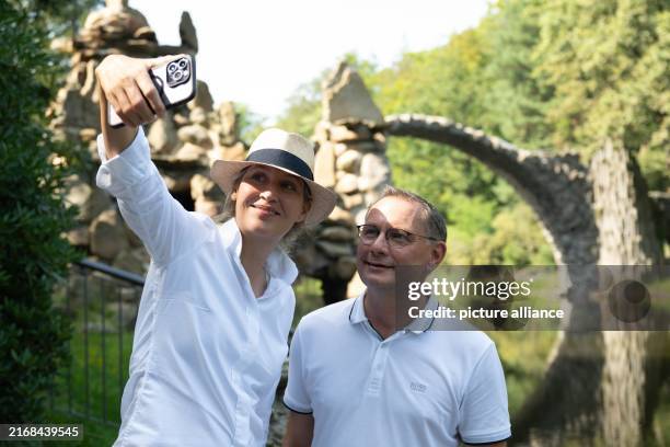 August 2024, Saxony, Kromlau: Tino Chrupalla, AfD federal chairman and AfD parliamentary group leader, and Alice Weidel, AfD federal chairman, stand...