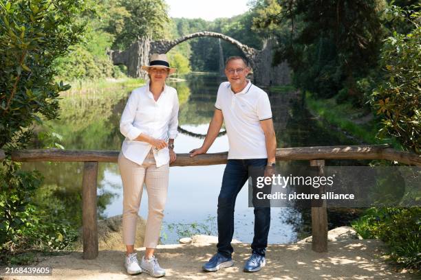 August 2024, Saxony, Kromlau: Tino Chrupalla, AfD federal chairman and AfD parliamentary group leader, and Alice Weidel, AfD federal chairman, stand...