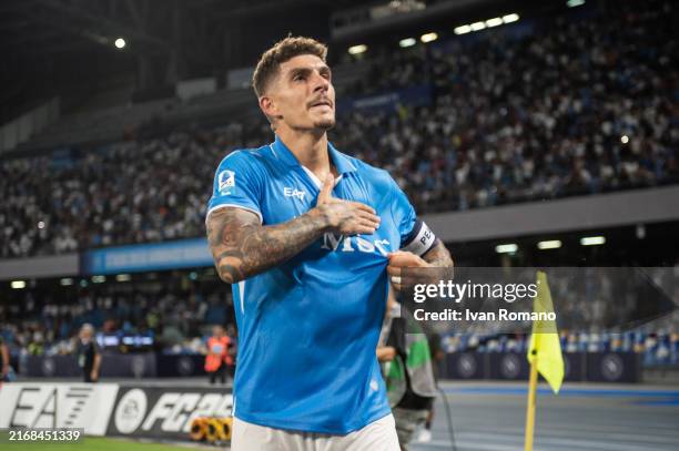 Giovanni Di Lorenzo of SSC Napoli celebrates after scoring a goal to make it 1-0 during the Serie match between Napoli and Bologna at Stadio Diego...