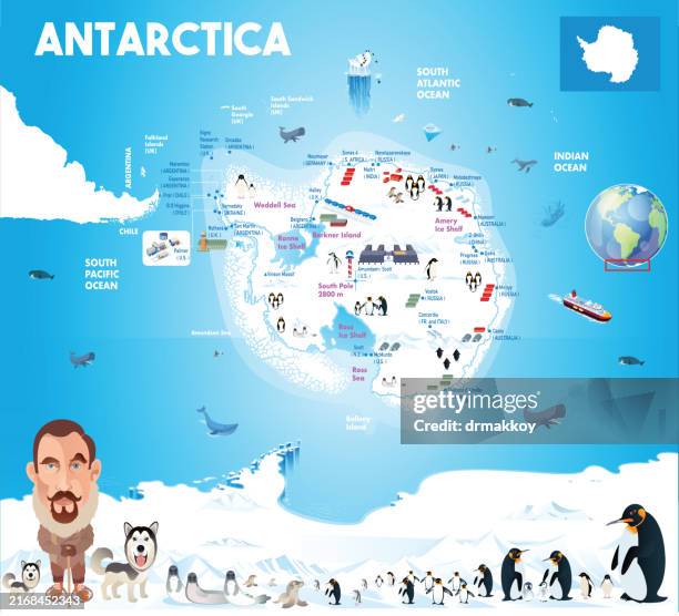 map of antarctica with penguins and famous explorer amundsen - antarctica adelie penguin stock illustrations