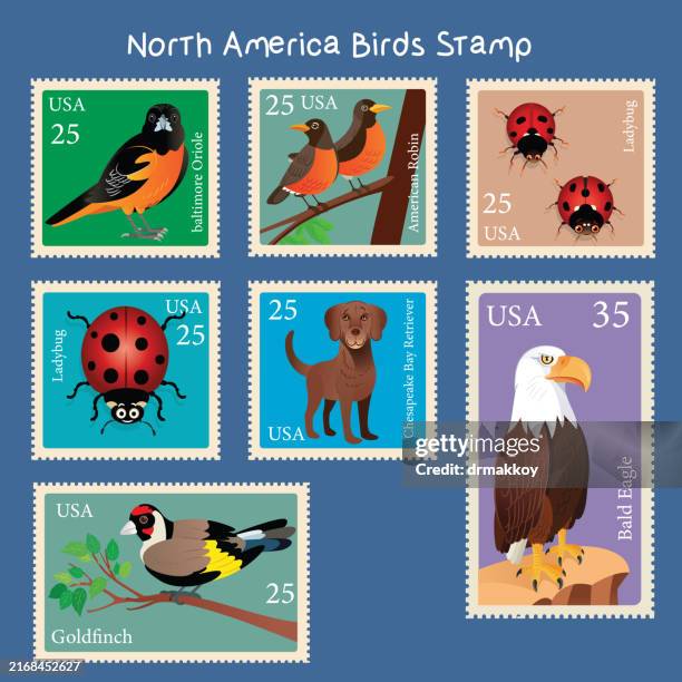 illustrazioni stock, clip art, cartoni animati e icone di tendenza di francobolli animali nord america - 4 - timbro postale