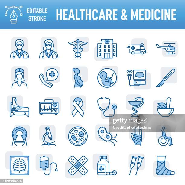 ilustrações de stock, clip art, desenhos animados e ícones de healthcare and medicine - thin line vector icon set. pixel perfect. editable stroke. for mobile and web. the set contains icons: healthcare and medicine, medical exam, medicine, hospital, doctor, medical insurance, insurance, nurse, stethoscope, ambulance - profissional da área médica