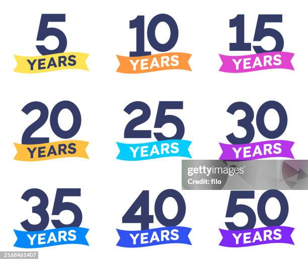 ilustraciones, imágenes clip art, dibujos animados e iconos de stock de números de celebración del año del aniversario - 10° aniversario