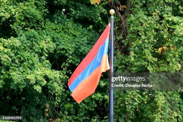 republic of armenia flag displayed on a pole - genocide stock pictures, royalty-free photos & images
