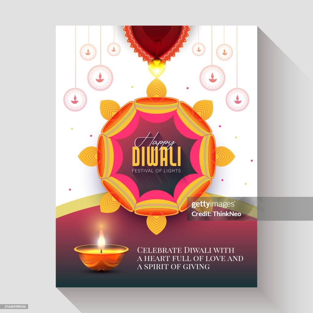 Happy Diwali abstract greeting card flat design template with festive Diya