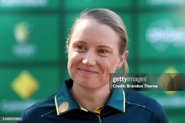 Alyssa Healy speaks to the media during the Cricket Australia Women's Team World Cup Squad Announcement at Fox Studios on August 26, 2024 in Sydney,...
