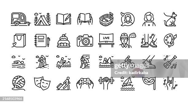 ilustraciones, imágenes clip art, dibujos animados e iconos de stock de conjunto de iconos de línea de actividades. grupo de objetos. - actividades recreativas