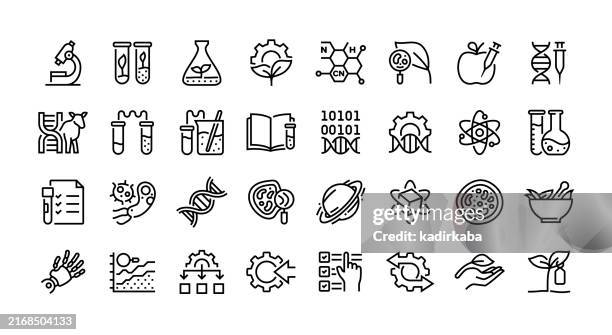 ilustrações de stock, clip art, desenhos animados e ícones de biotechnology line icon set. group of object, gmo, biochemistry, bioengineering, genetic modification, dna, science, chemistry. - histologia