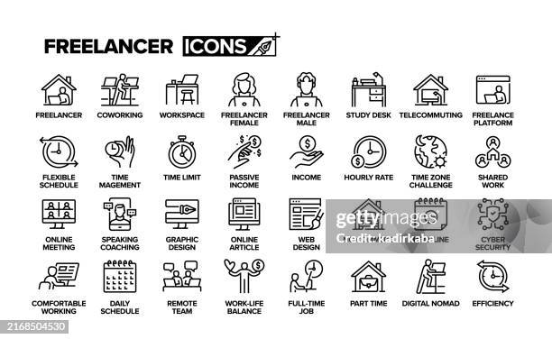 freelancer-zeilen-icon-set. gruppe von objekten, arbeitsbereich, schreibtisch, flexibler job, teilzeit. - freischaffender stock-grafiken, -clipart, -cartoons und -symbole