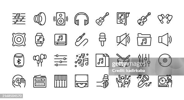 stockillustraties, clipart, cartoons en iconen met music line icon set. group of object, music note, speaker, sound, microphone, drums, piano, guitar, violin. - muziek