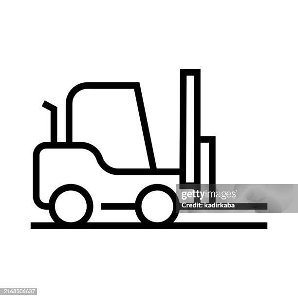 ilustraciones, imágenes clip art, dibujos animados e iconos de stock de icono de línea de montacargas. carro de carga utilizado en almacenes. - carretilla elevadora