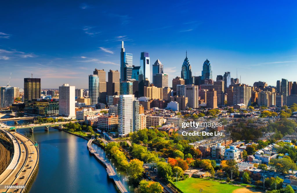 Philadelphia Skyline Aerial View With River And Blue Sky