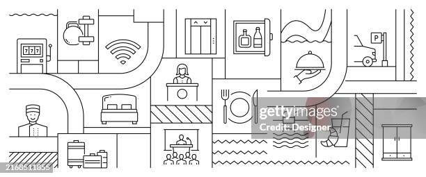 hotel services and facilities related line style banner design for web page, headline, brochure, annual report and book cover - concierge service stock illustrations