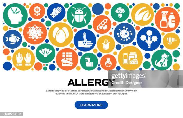 illustrazioni stock, clip art, cartoni animati e icone di tendenza di illustrazione vettoriale correlata all'allergia. allergeni di base, frutta a guscio, soia, animali domestici, funghi, glutine, mais, latte, cioccolato. - allergia