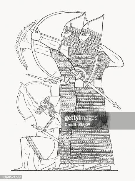 assyrian armored archers, wood engraving, published in 1892 - chain mail textile stock illustrations