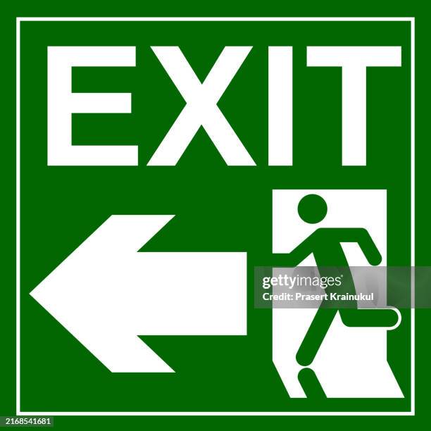 fire exit door sign with arrow sign. fire emergency evacuation green symbol - emergency exit sign stock pictures, royalty-free photos & images