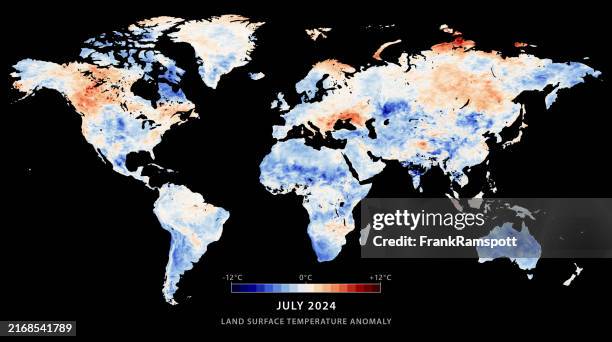 world map land surface temperature anomaly july 2024 - overhead multiple devices stock illustrations