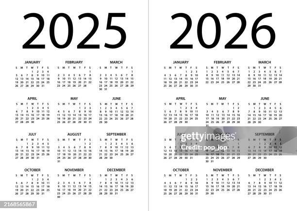 illustrazioni stock, clip art, cartoni animati e icone di tendenza di calendario 2025, 2026 - illustrazione vettoriale - la settimana inizia domenica - calendario