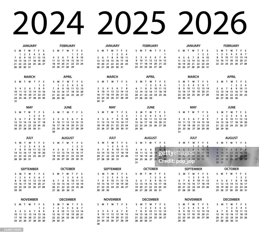 Calendar 2024 2025 2026 - vector illustration - Week starts on Sunday