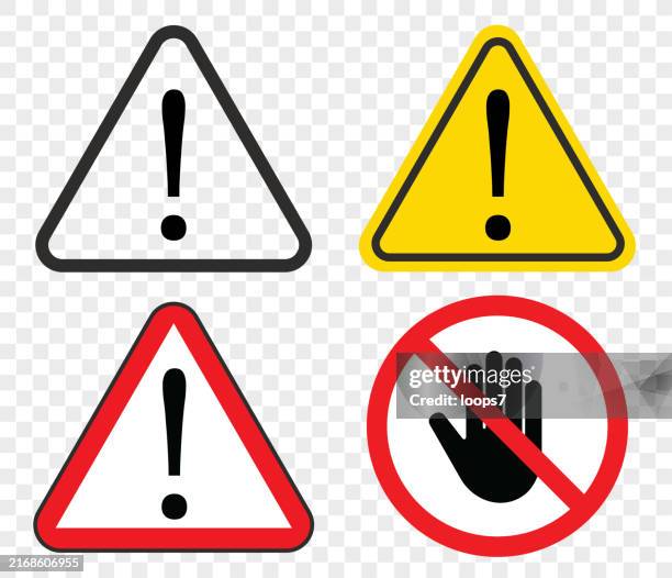 attention caution hazard & no trespassing signs - verkehrswarnung stock-grafiken, -clipart, -cartoons und -symbole