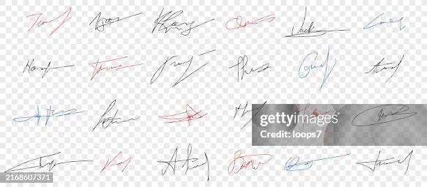 ilustraciones, imágenes clip art, dibujos animados e iconos de stock de conjunto de firmas manuscritas de garabatos sobre fondo transparente - firmar