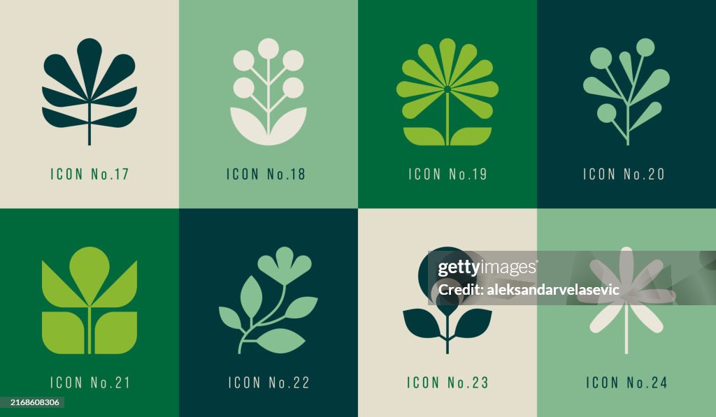 Icônes géométriques de fleurs et de feuilles