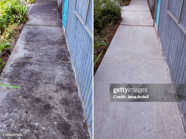 before and after power washing cleaning dirty sidewalk stains - voor en na stockfoto's en -beelden