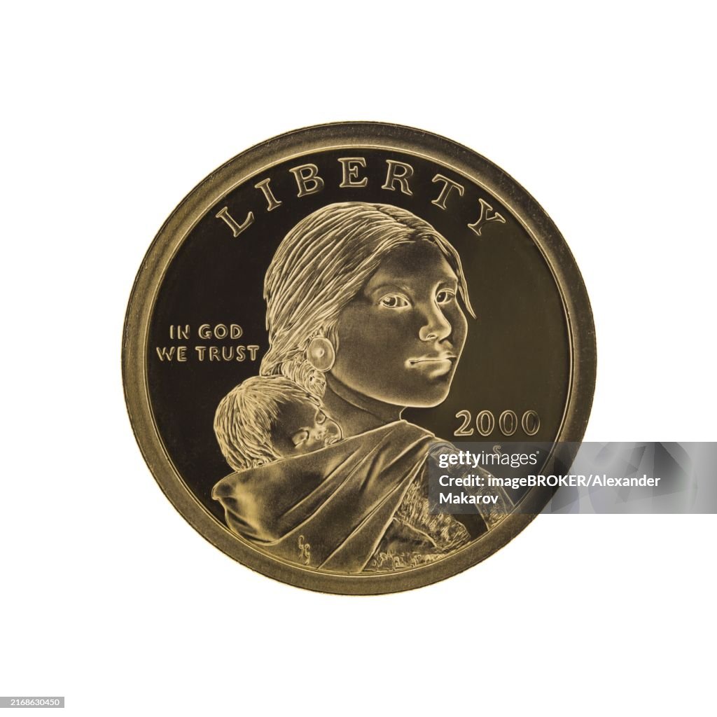 US Sacagawea, one dollar coin, isolated on white