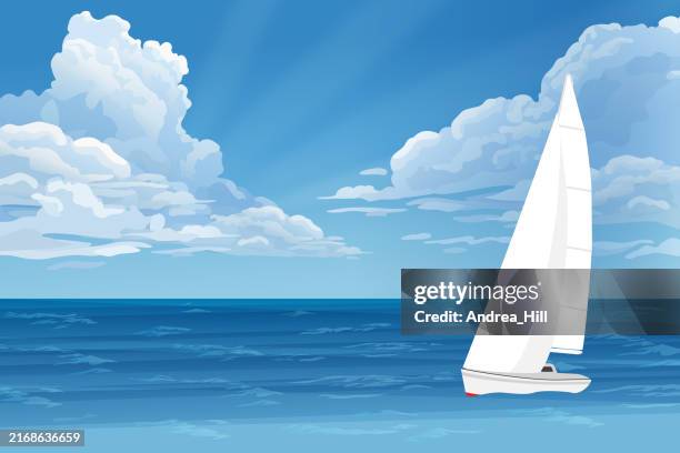vintage-vektorillustration eines segelboots auf dem meer - meerlandschaft stock-grafiken, -clipart, -cartoons und -symbole