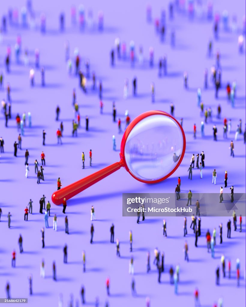 Human Crowd Surrounding A Red Magnifier Object On Purple Background