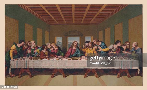 letztes abendmahl, gemalt von leonardo da vinci, chromolithographie, veröffentlicht 1890 - religiöser text stock-grafiken, -clipart, -cartoons und -symbole