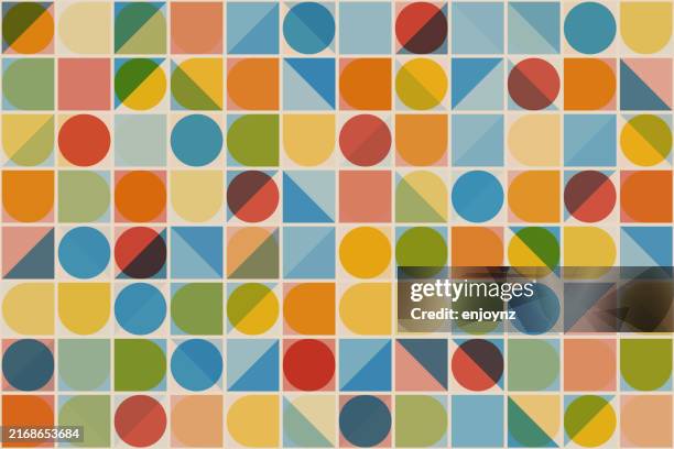 seamless colorful retro bauhaus abstract shapes pattern - art movement stock illustrations