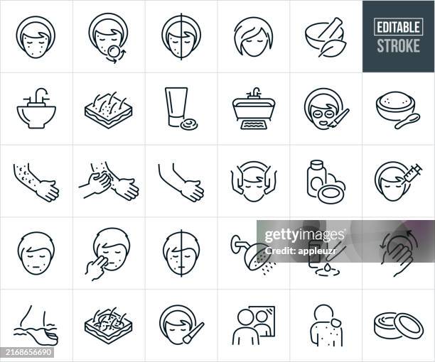 illustrations, cliparts, dessins animés et icônes de soins de la peau icônes de lignes fines - trait modifiable - irritation cutanée