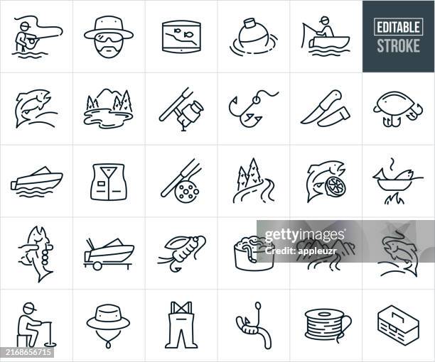 fishing thin line icons - editable stroke - lake fishing boat stock illustrations
