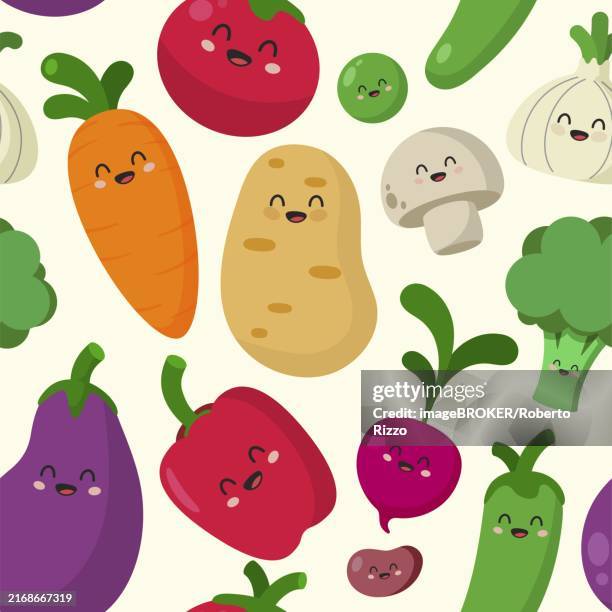 assorted vegetables characters seamless pattern - zucchini stock illustrations