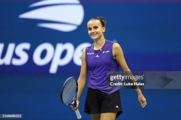 Clara Burel of France reacts after defeating Sloane Stephens of the United States during their Women's Singles First Round match on Day One of the...
