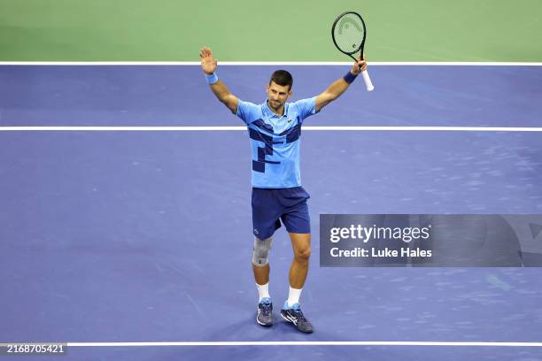 Novak Djokovic of Serbia celebrates after defeating Radu Albot of Moldova during their Men's Singles First Round match on Day One of the 2024 US Open...