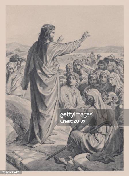 illustrazioni stock, clip art, cartoni animati e icone di tendenza di sermone della montagna di gesù (matteo 5-7), litografia, pubblicata nel 1890 - libro di preghiera