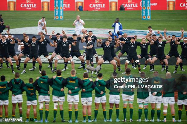 New Zealand players perform the Haka ahead of the Rugby Championship Test match between South Africa and New Zealand at the Ellis Park Stadium in...
