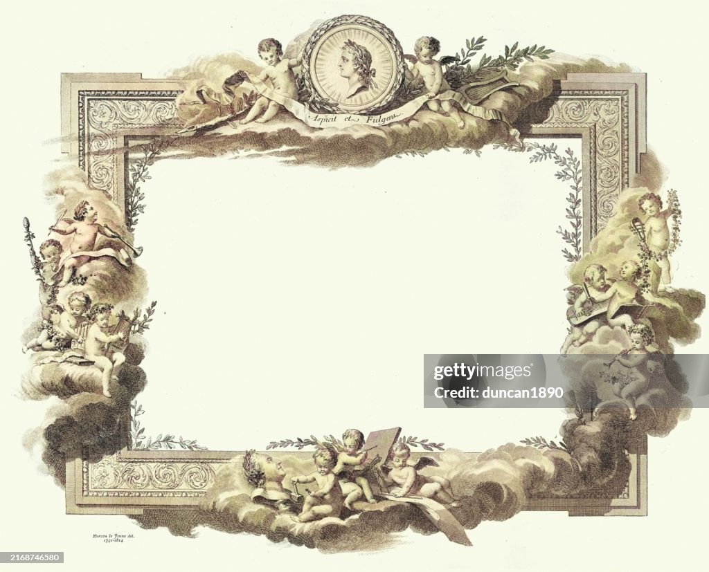 Verzierter Bilderrahmen, Bordüre, Putten spielen Musikinstrument, Vintage-Illustration, spätes 18. Jahrhundert bis frühes 19. Jahrhundert, Jean-Michel Moreau