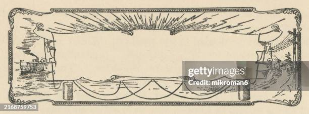 old engraved illustration of decorative ornament frame - sketch card stock pictures, royalty-free photos & images