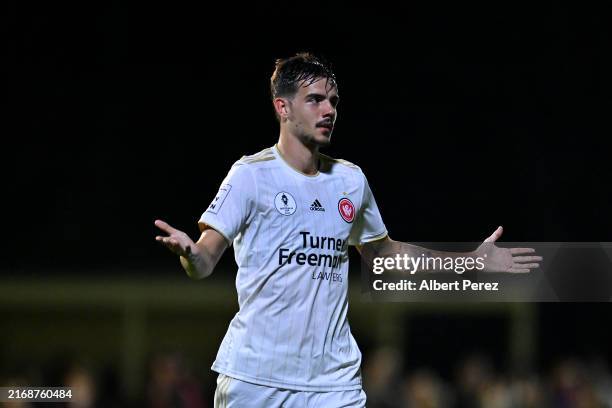 Nicolas Milanovic of Western Sydney celebrates scoring a goa during the 2024 Australia Cup Round of 16 match between Lions FC and Western Sydney...