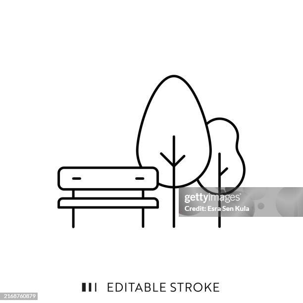 ilustraciones, imágenes clip art, dibujos animados e iconos de stock de diseño de icono de línea de parque público con trazo editable. - banco del parque